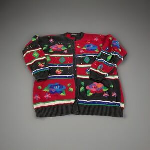 vtg 89 BEREK Marta D Floral Pima Cotton Cardigan Sweater Uruguay L Grandmacore‎